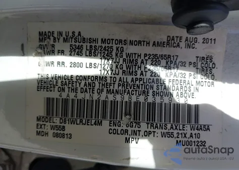 2011 Mitsubishi Endeavor z USA, uszkodzony, nr VIN 4A4JN2AS9BE035930